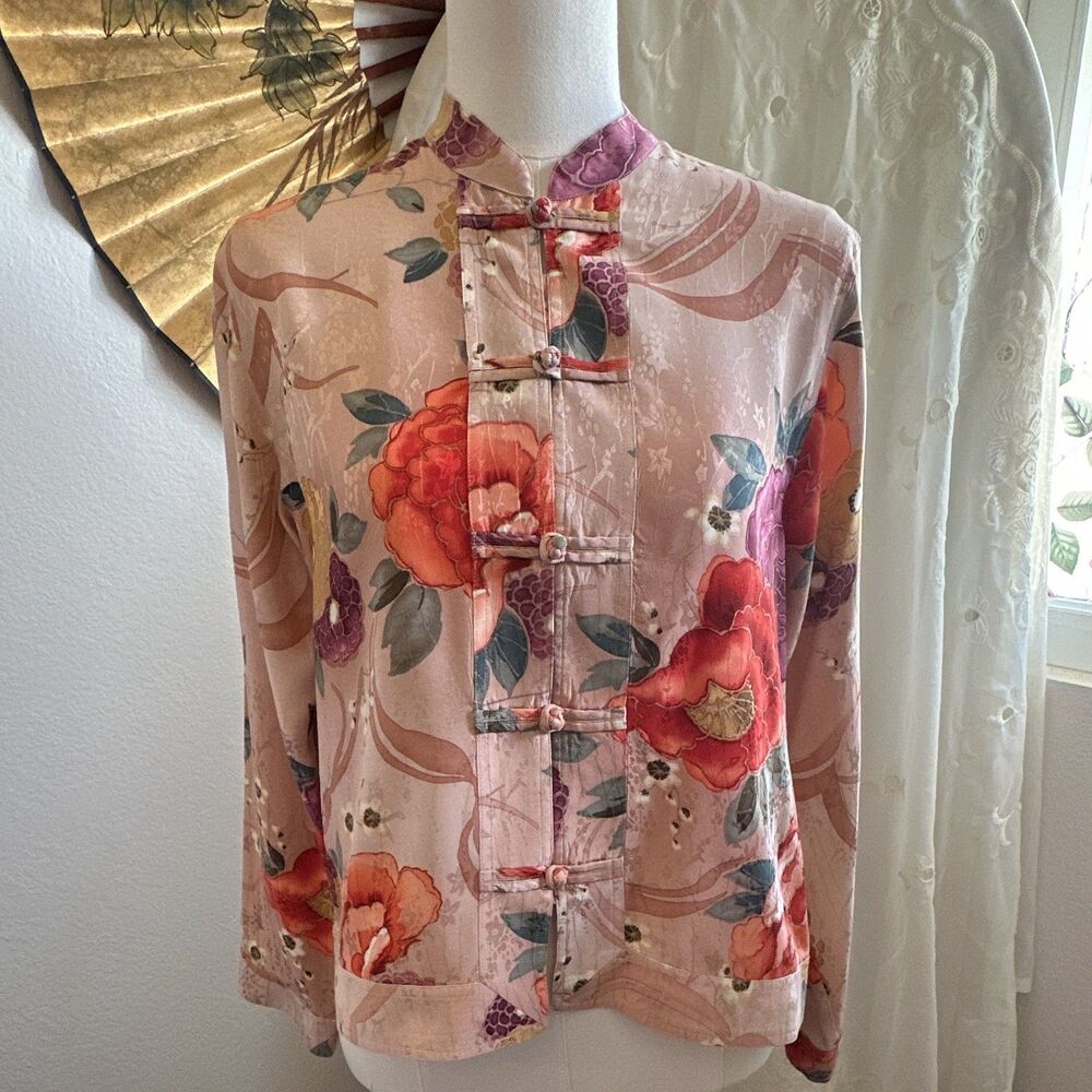 Vintage (90's - 2000) Chico's Design Floral Silk Blouse Mandarin Collar Small